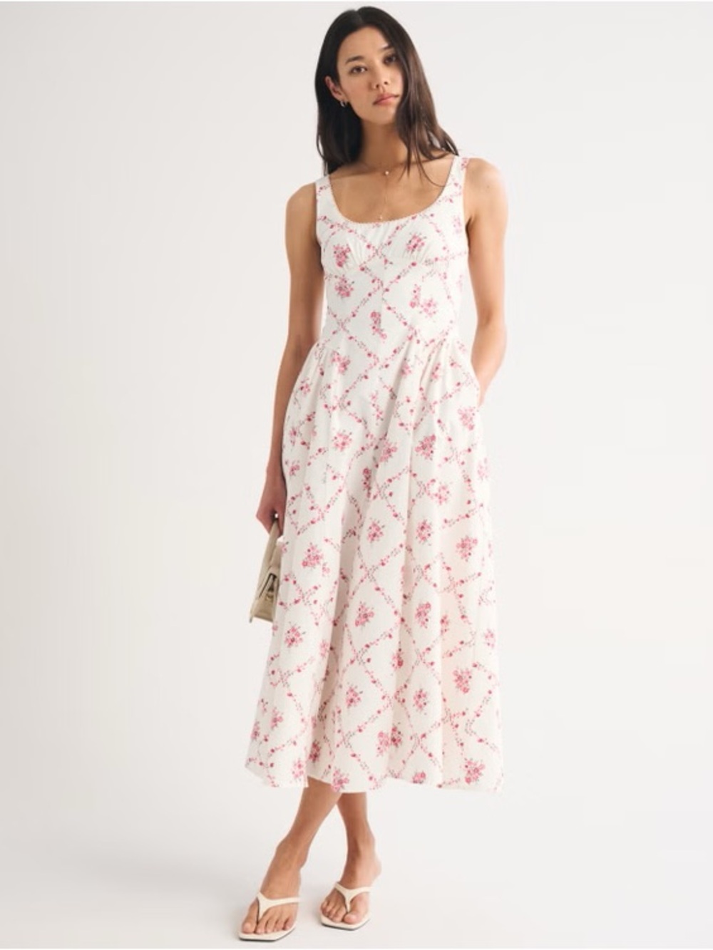 Abercrombie & Fitch 100% Cotton A&F Bra-Free Dylan Midi Dress in Cream Floral